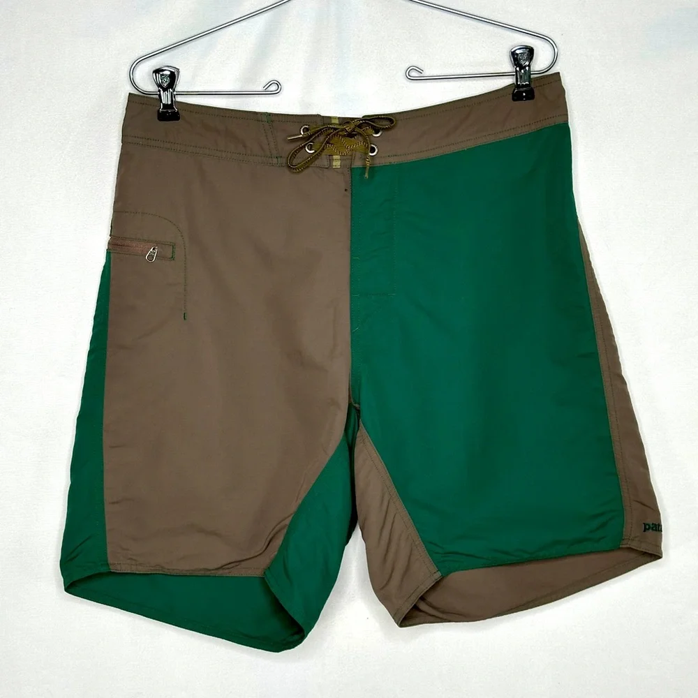Patagonia Colorblock Green Brown Board Shorts Nylon Lace Side Zip Pocket Sz 32
